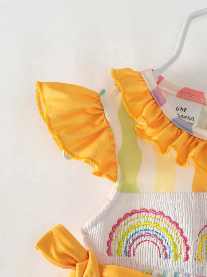 Rainbow Smocked Ruffle French Knot Baby Girl Romper