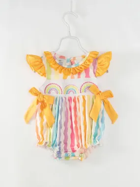 Rainbow Smocked Ruffle French Knot Baby Girl Romper