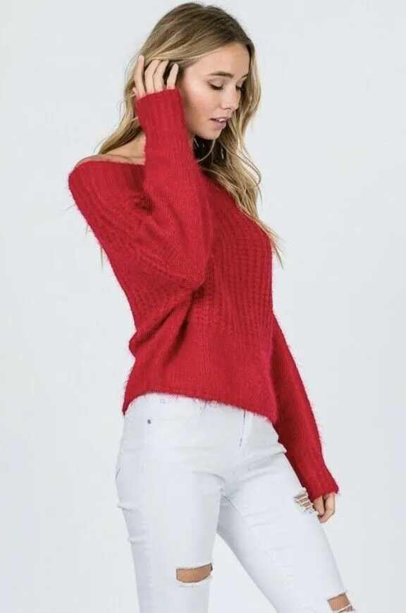 Red Off Shoulder Knit Long Sleeve Sweater Womens Casual