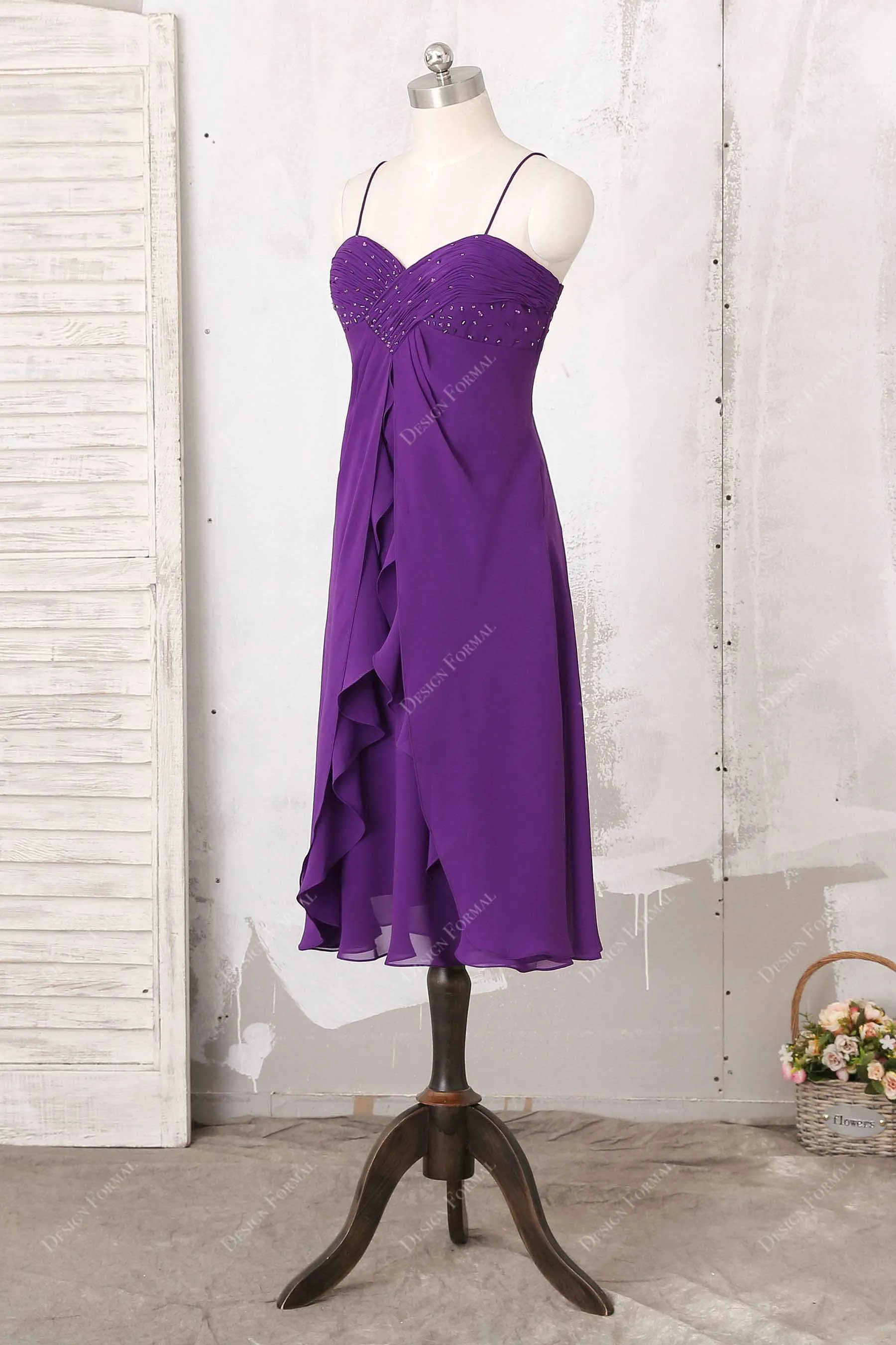 Regency Chiffon Spaghetti Straps Knee Length Short Dress