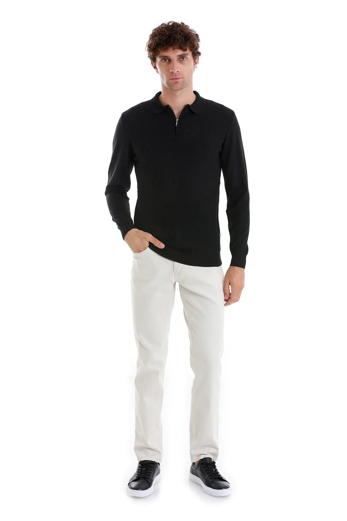 Regular Fit Black Wool Blend Jacquard Polo Sweater