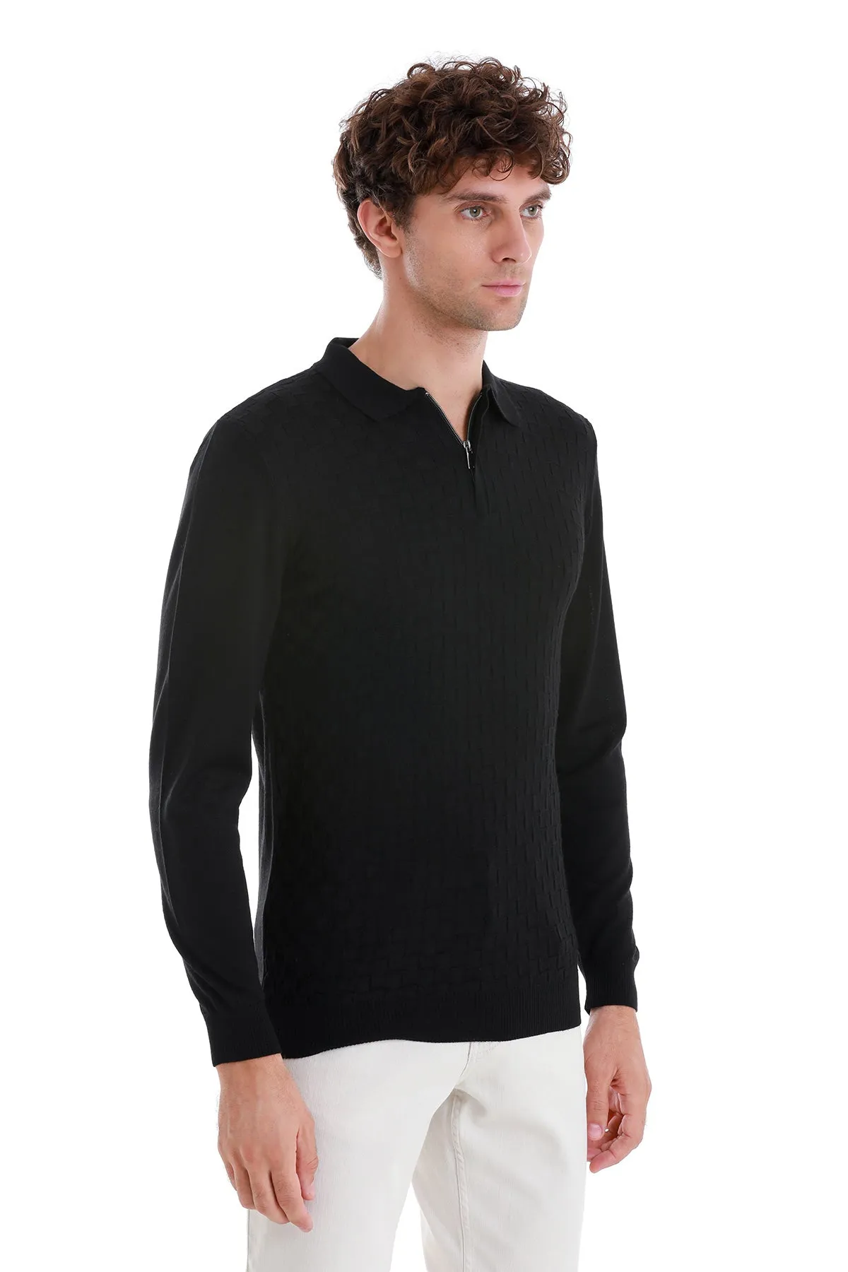 Regular Fit Black Wool Blend Jacquard Polo Sweater