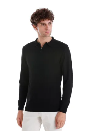 Regular Fit Black Wool Blend Jacquard Polo Sweater