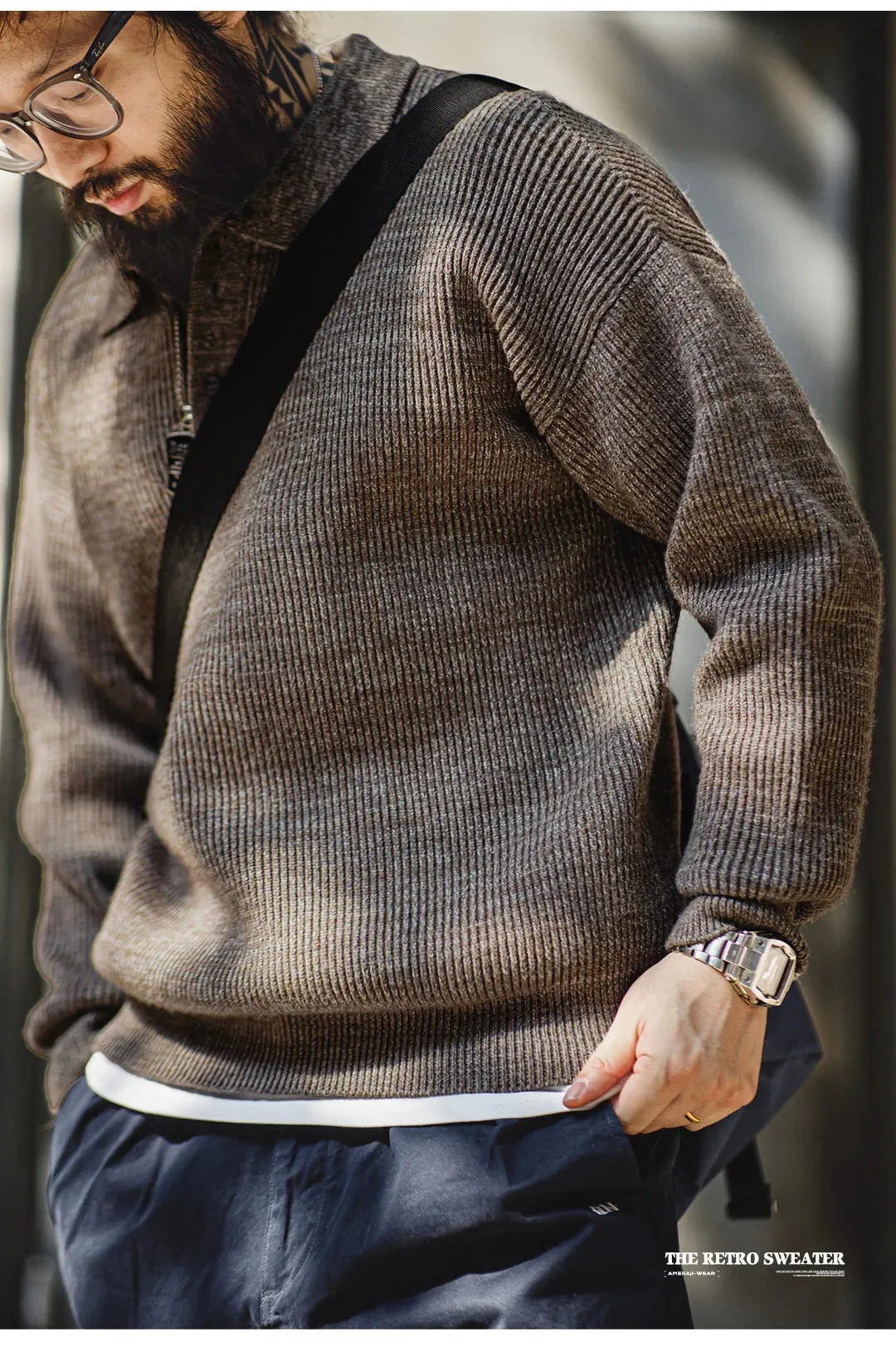 Retro Fashion Knitted  Loose Polo Shirt Loose sweater for men