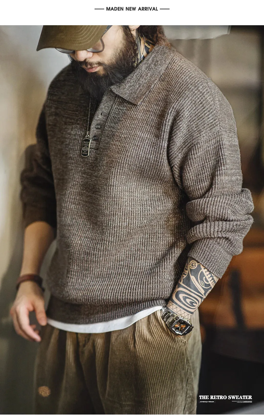 Retro Fashion Knitted  Loose Polo Shirt Loose sweater for men