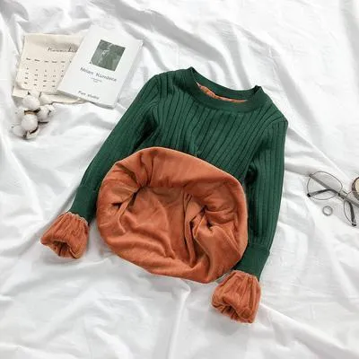 Ribbed Velvet Inside Warm O-Neck Sweatshirt