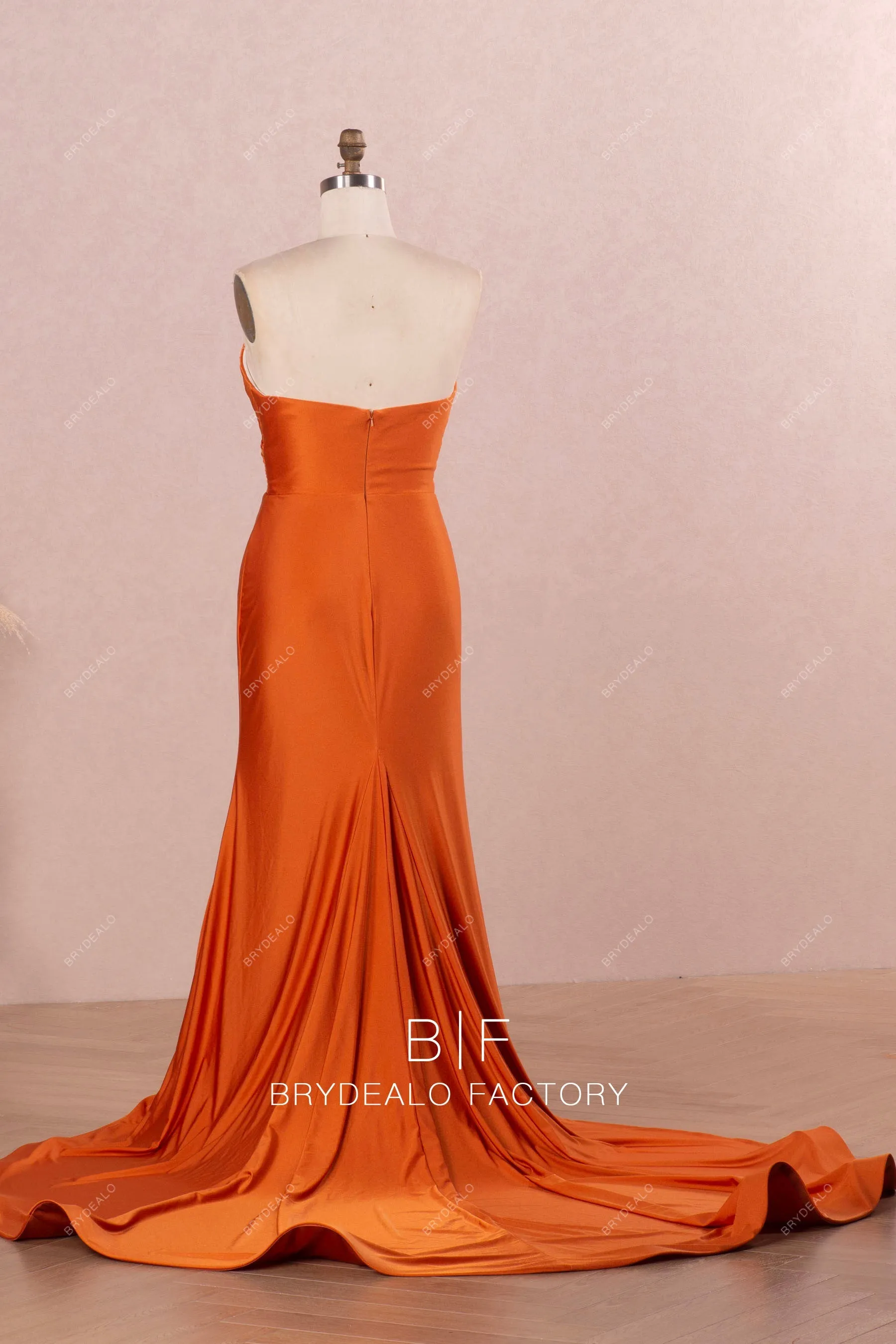 Rusty Strapless V Neck Ruched Spandex Slit Formal Dress