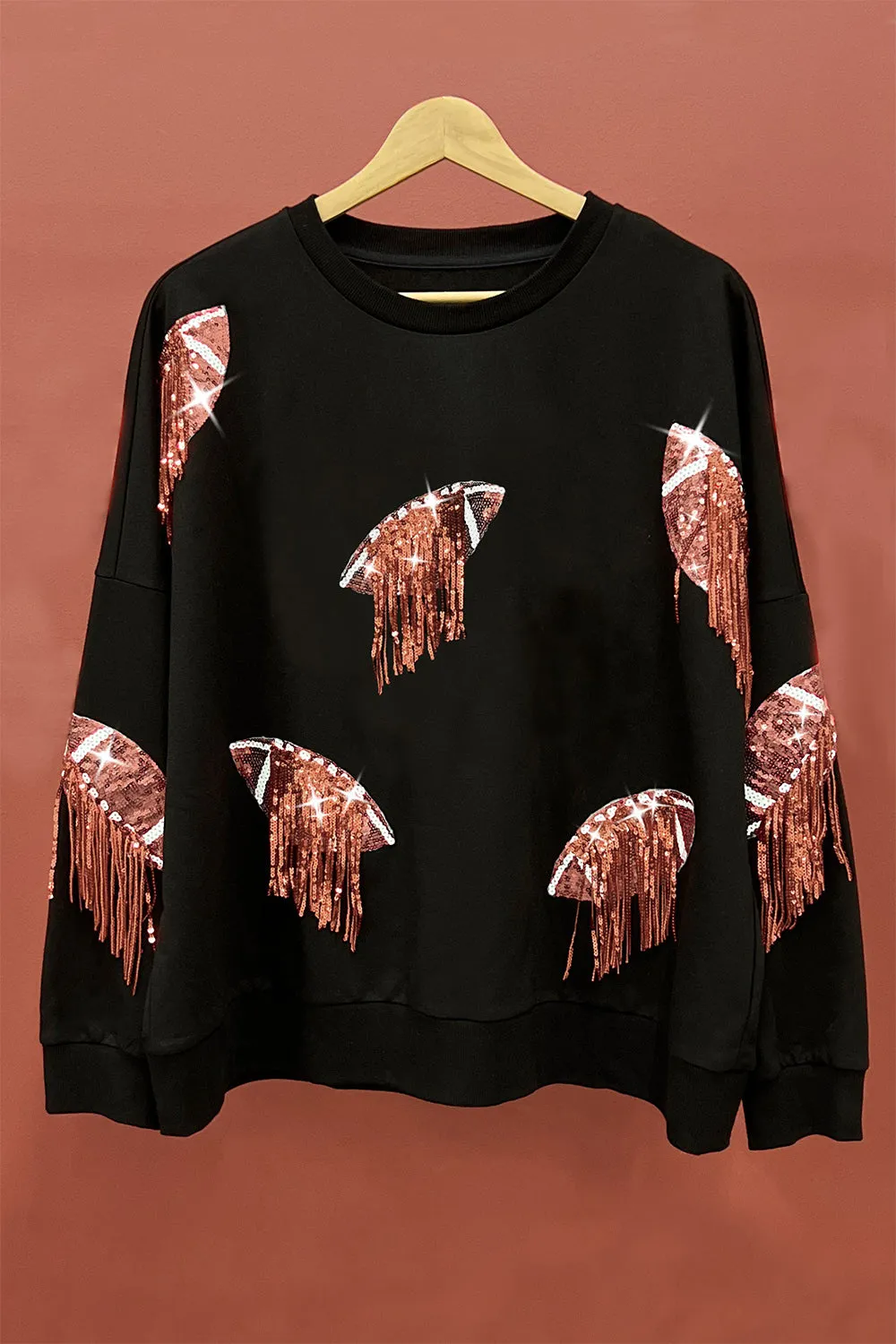 Sequin Fringe Football Patch Round Neck Sweatshirt