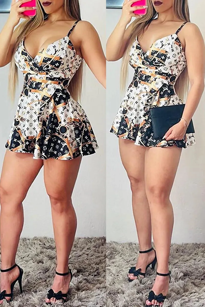 Sexy Abstract Brown Multicolor Logo Print Romper