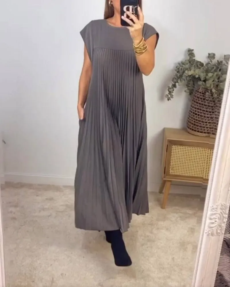 Short Sleeve Pleated Long Dress Summer Round Neck Dress Women's Clothing