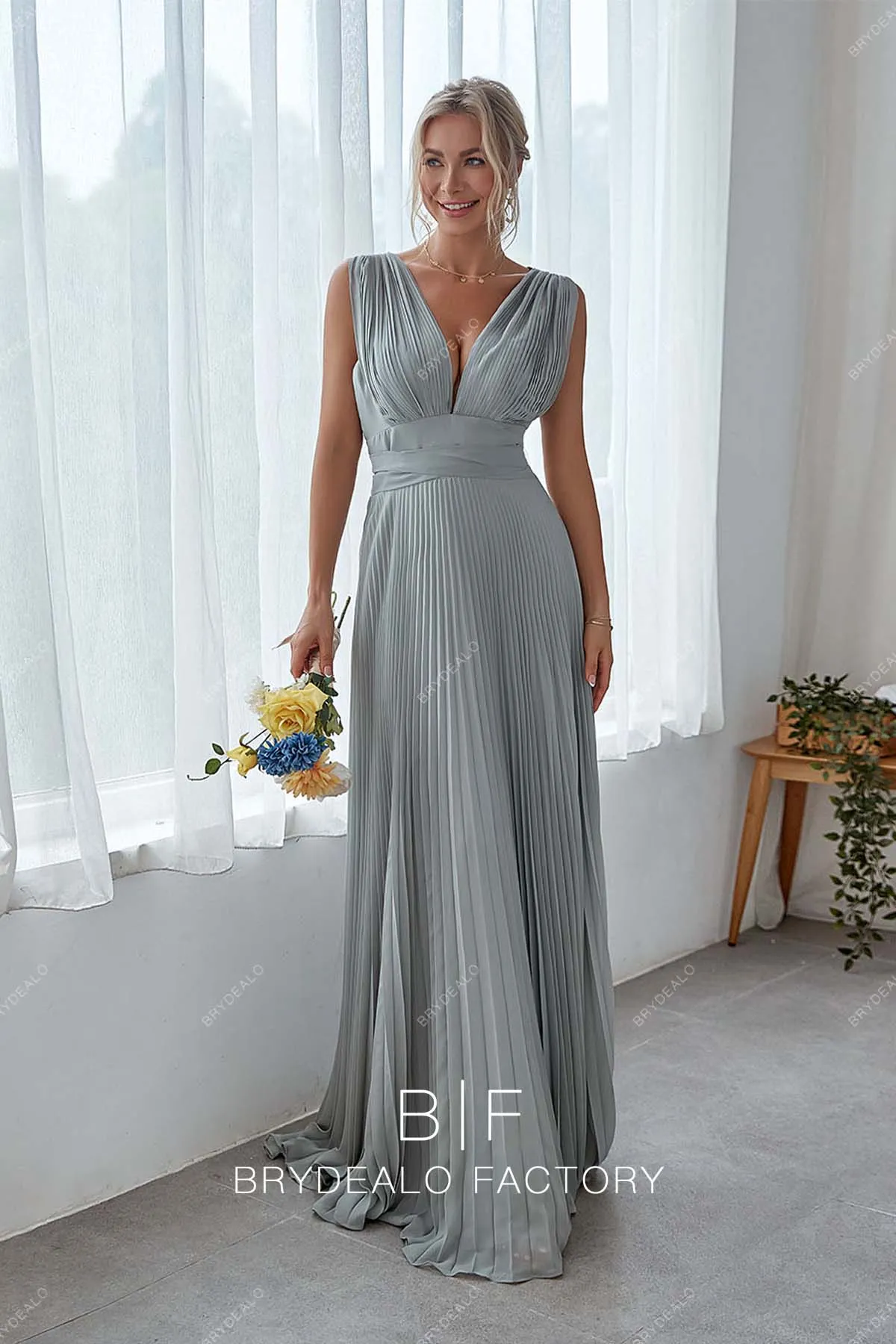 Silver Pleated Chiffon Plunging Neck V-back Long Dress