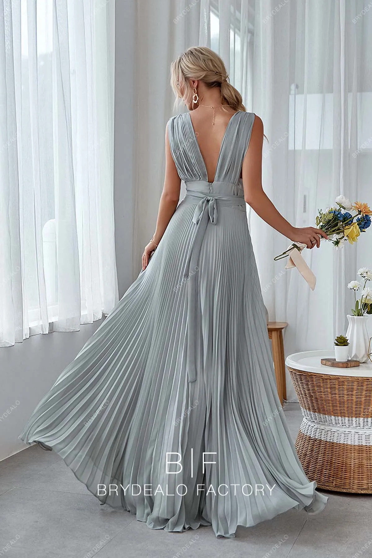 Silver Pleated Chiffon Plunging Neck V-back Long Dress