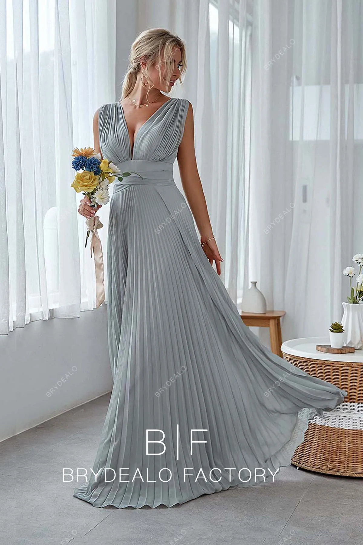 Silver Pleated Chiffon Plunging Neck V-back Long Dress