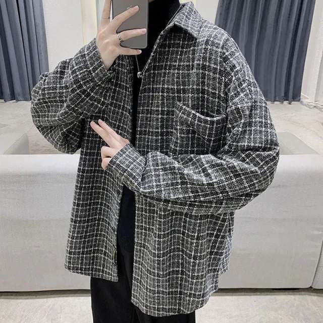 Simple Retro Check Jacket Tide Boy Japanese Street Autumn And Winter Wild Plaid Jacket Thick Shirt