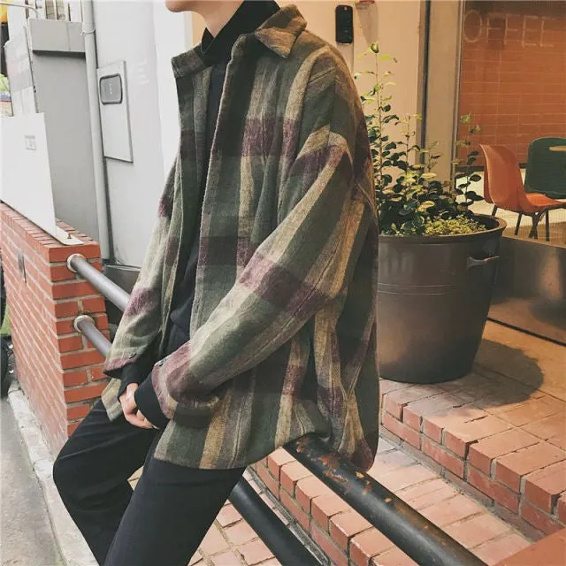 Simple Retro Check Jacket Tide Boy Japanese Street Autumn And Winter Wild Plaid Jacket Thick Shirt