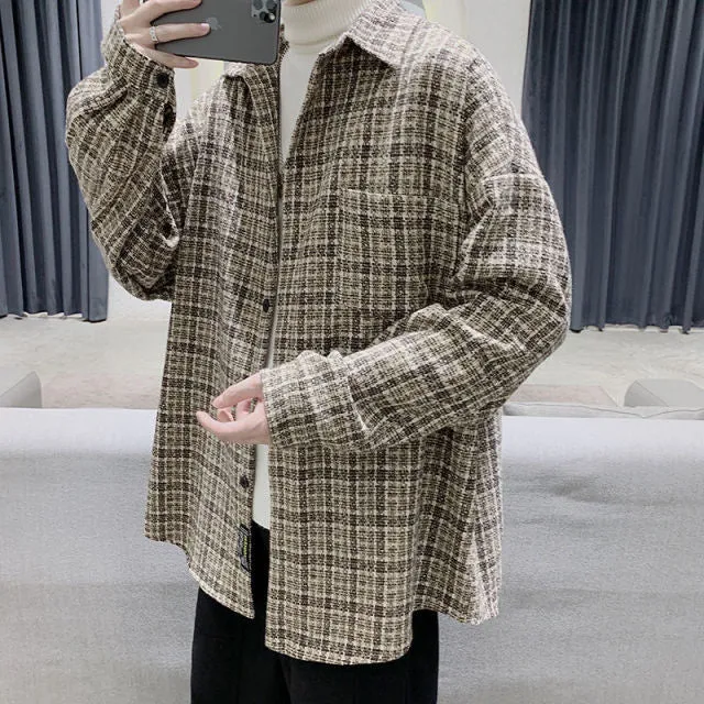 Simple Retro Check Jacket Tide Boy Japanese Street Autumn And Winter Wild Plaid Jacket Thick Shirt