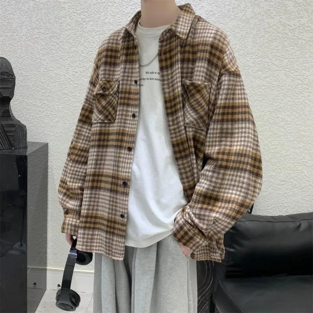 Simple Retro Check Jacket Tide Boy Japanese Street Autumn And Winter Wild Plaid Jacket Thick Shirt