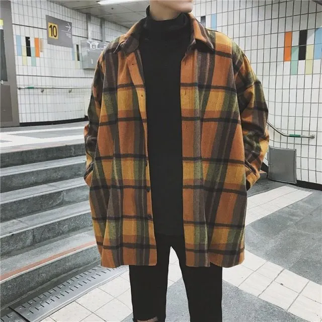 Simple Retro Check Jacket Tide Boy Japanese Street Autumn And Winter Wild Plaid Jacket Thick Shirt