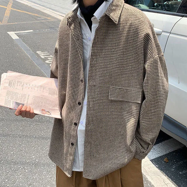 Simple Retro Check Jacket Tide Boy Japanese Street Autumn And Winter Wild Plaid Jacket Thick Shirt