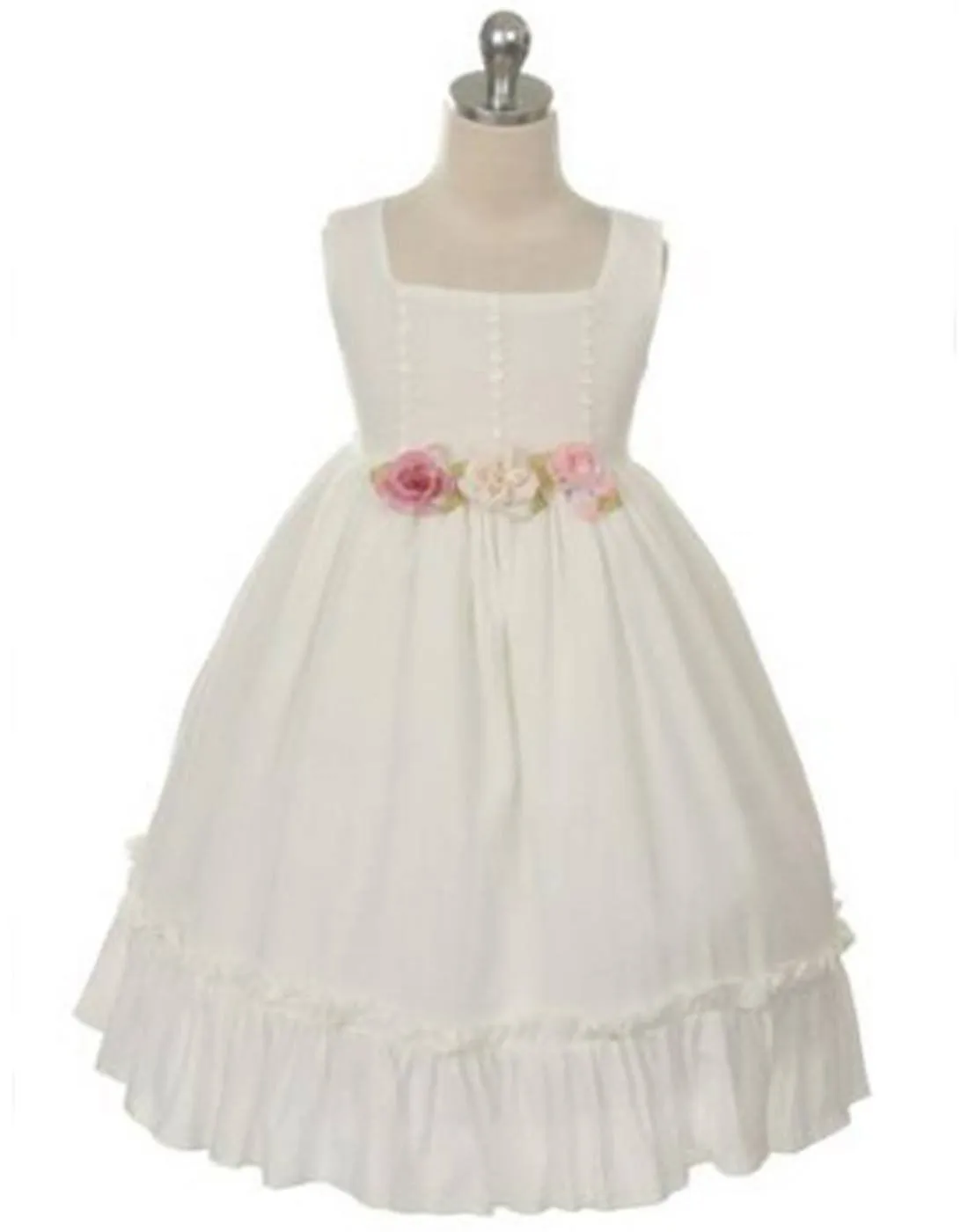 Sleeveless Linen Dress with Flower Trims - Ivory