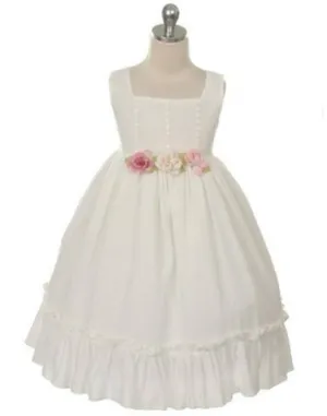 Sleeveless Linen Dress with Flower Trims - Ivory