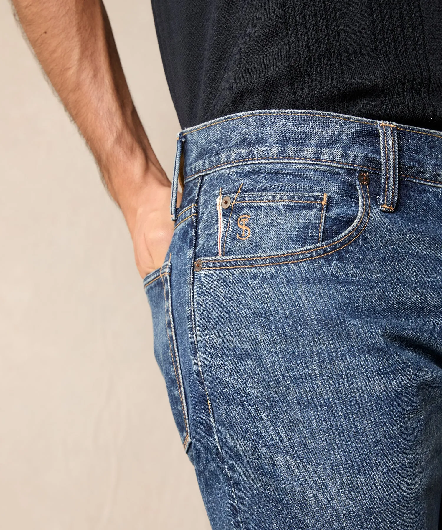 Slim Selvedge Jean in Mid-Blue Wash