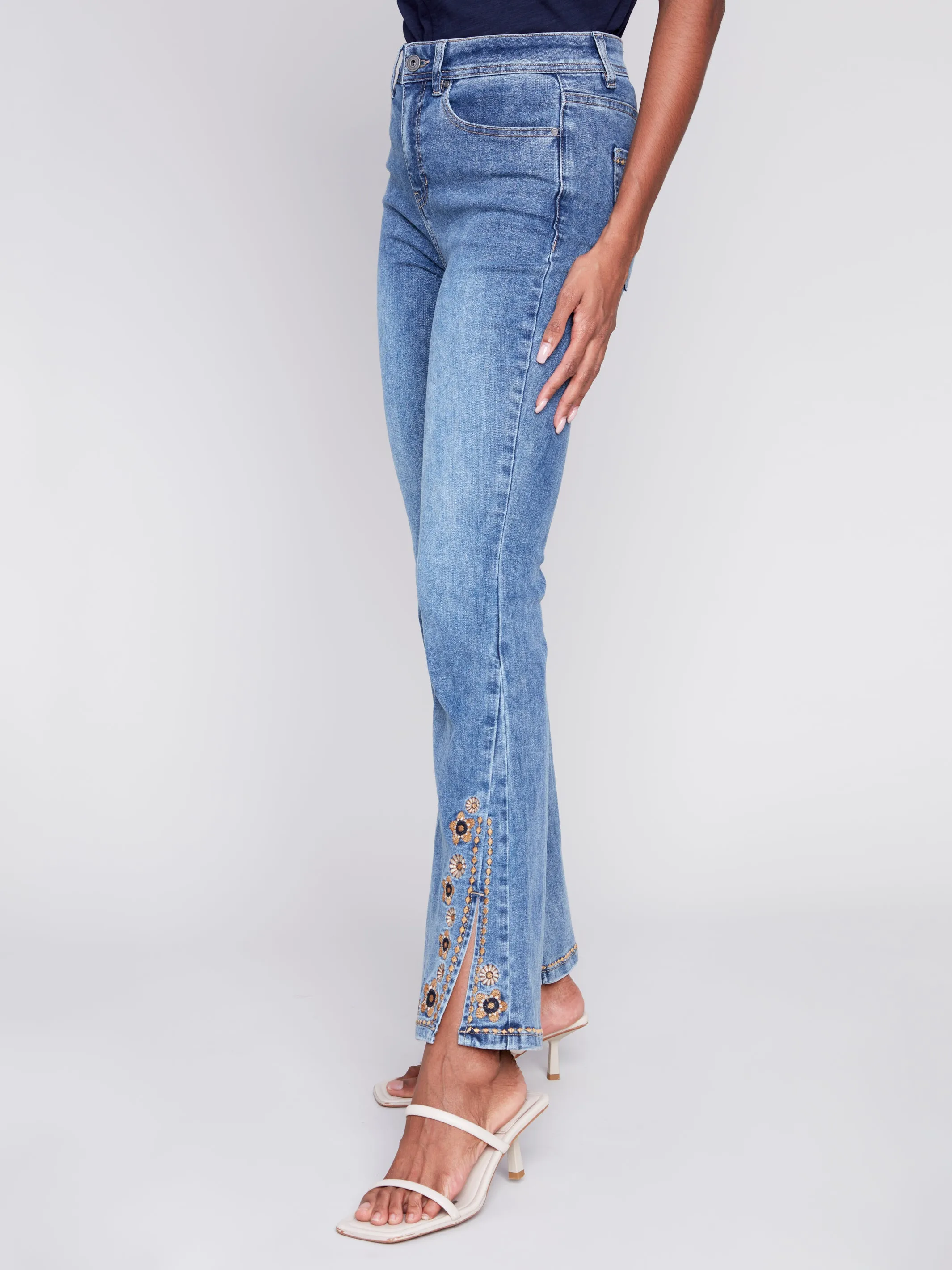 Slit Bell Bottom Jeans with Embroidered Slit