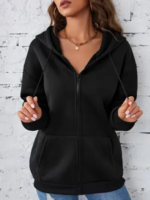 Solid Drawstring Hoodie For Women Autumn And Winter Velvet Thickened Long-sleeved Zip Sweatshirt