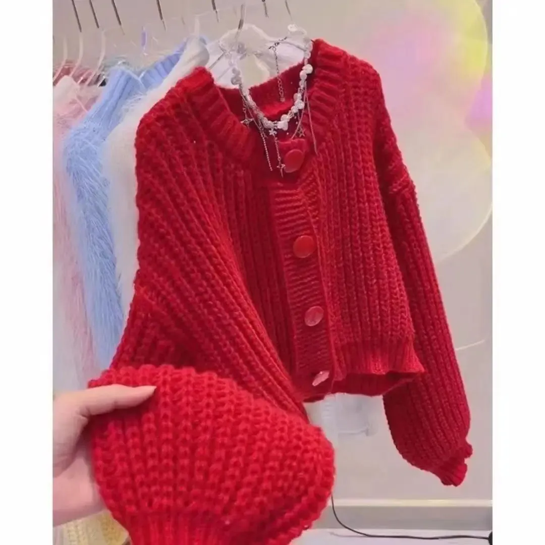 Solid Elegant sweet casual loose sweater cardigan autumn and winter knitted Korean women's top oversized batball sleeve jacket