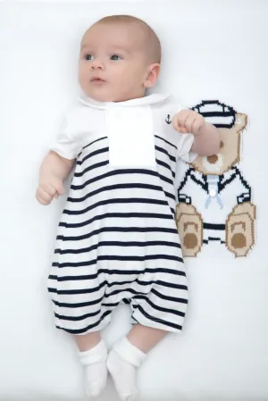 SS24 Patachou Baby Boys Navy Blue & White Nautical Romper