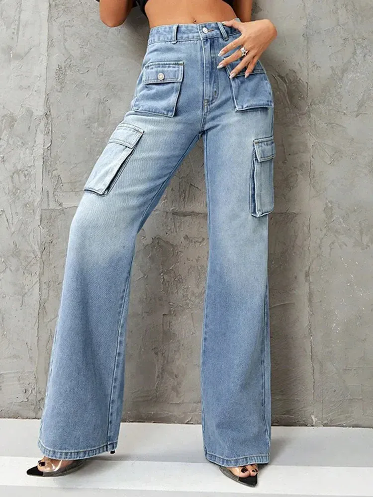 Streetwear Vintage Women Washed Multiple Baggy High Waist Loose Wide Leg Jeans