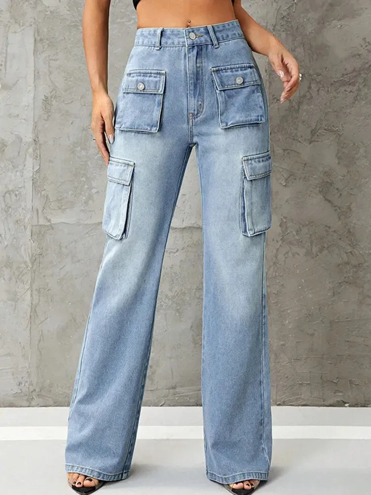 Streetwear Vintage Women Washed Multiple Baggy High Waist Loose Wide Leg Jeans