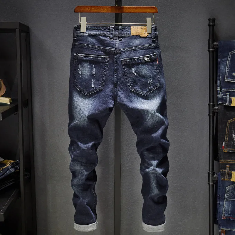 Stretch Jeans New Men's Teen Trend Korean-Style Slim Fit Ripped Beggar Skinny Denim Trousers