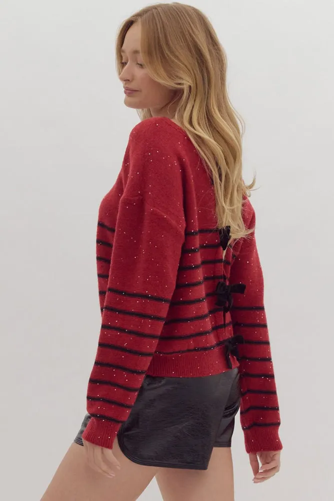 Stripe Semi Sequin LS Sweater with Slit Back and Velvet Bows in Red by Entro