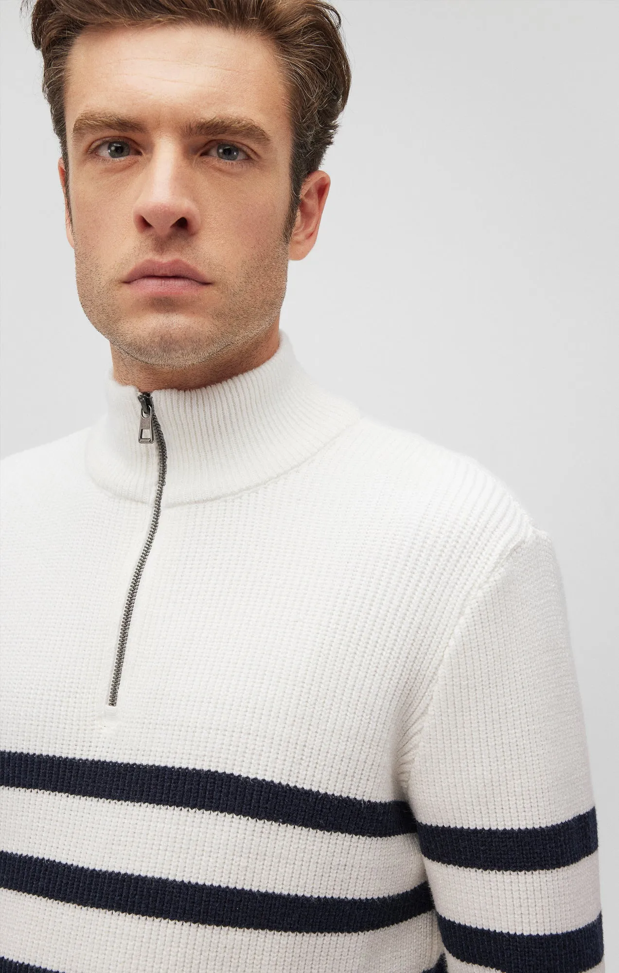 STRIPED QUARTER ZIP SWEATER IN ANTIQUE WHITE