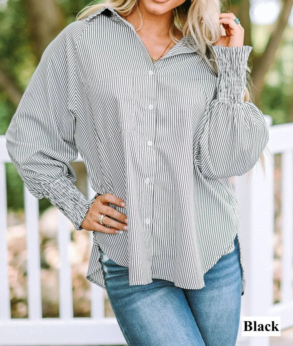 Striped Smocked Sleeve Buttoned Shirt