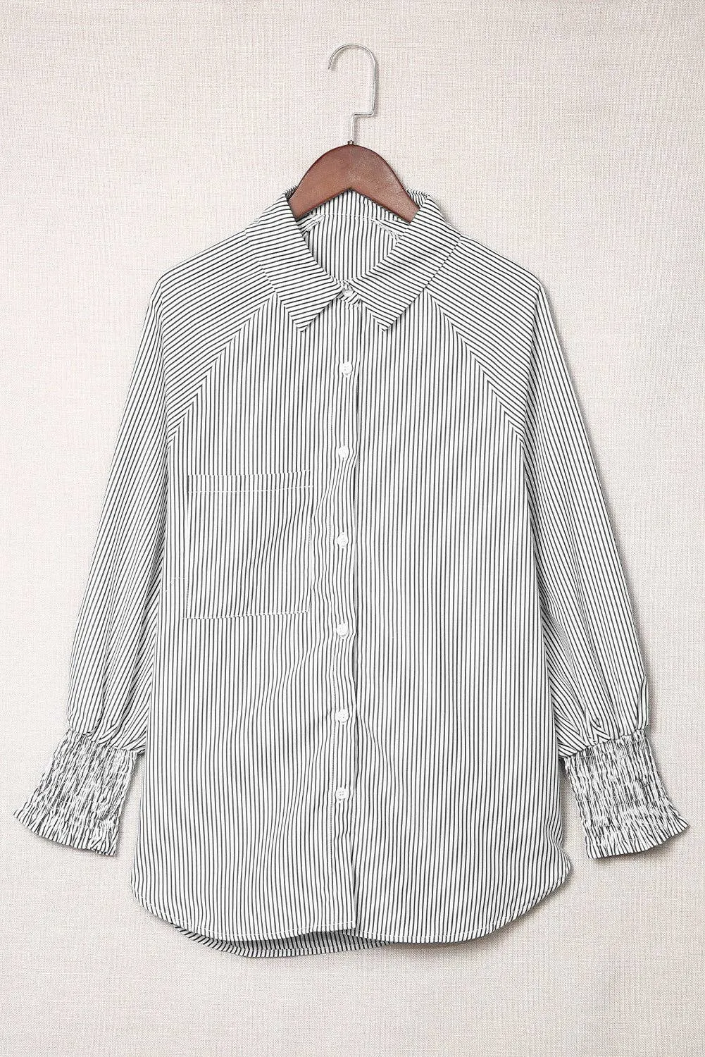 Striped Smocked Sleeve Buttoned Shirt