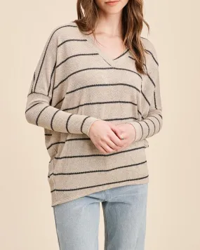 Striped V-Neck Long Sleeve Dolman Top (Assorted Colors)