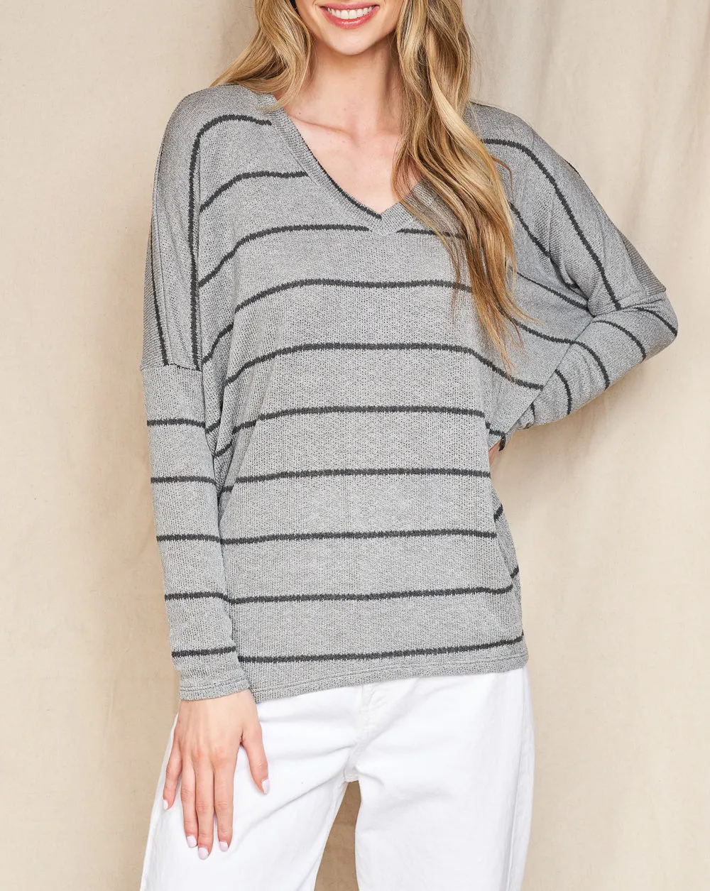 Striped V-Neck Long Sleeve Dolman Top (Assorted Colors)