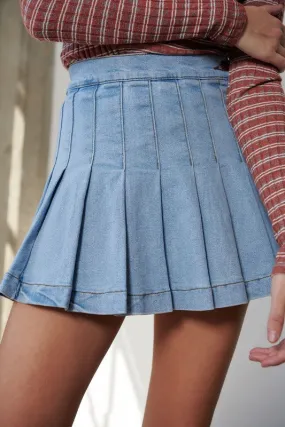 Stylish Denim Tennis Skirt with Pleats, Fitted and Comfortable, Mid Waist, 14" Length, Plain Pattern