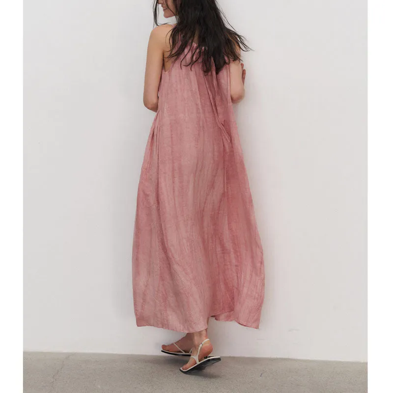 Summer New Plant Dyed Linen Strap Dress Women's Loose and Slim Large Swing Dress Pleated Sleeveless Shoulder Cut Long Dress