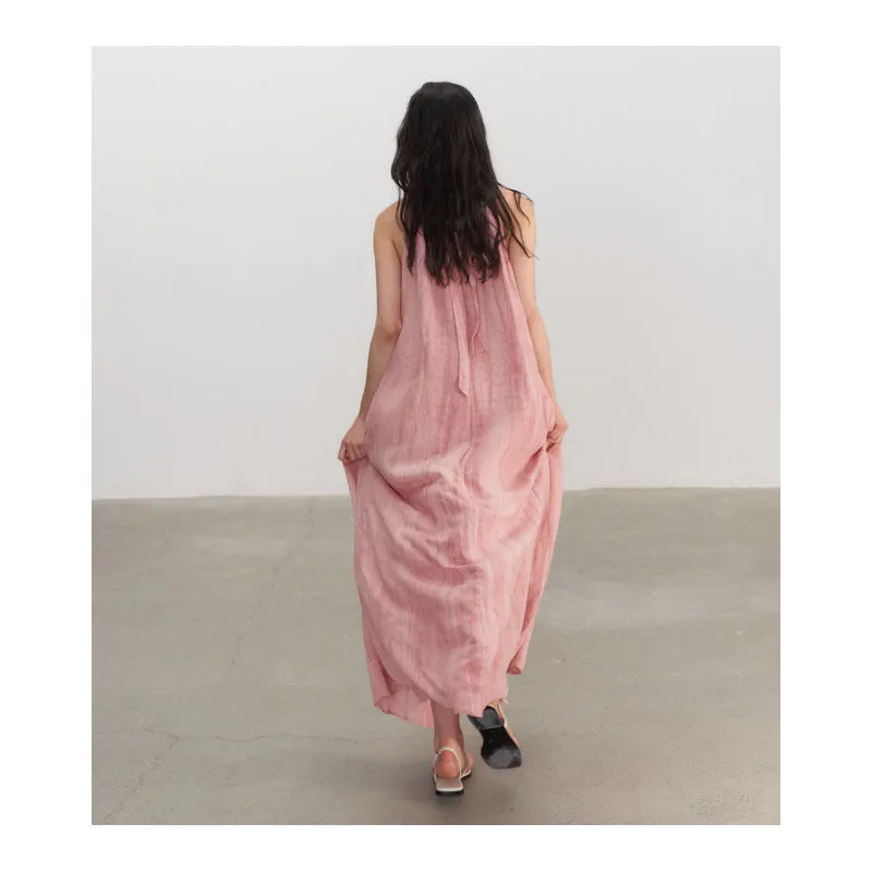 Summer New Plant Dyed Linen Strap Dress Women's Loose and Slim Large Swing Dress Pleated Sleeveless Shoulder Cut Long Dress