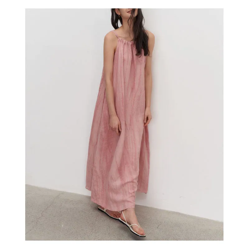 Summer New Plant Dyed Linen Strap Dress Women's Loose and Slim Large Swing Dress Pleated Sleeveless Shoulder Cut Long Dress