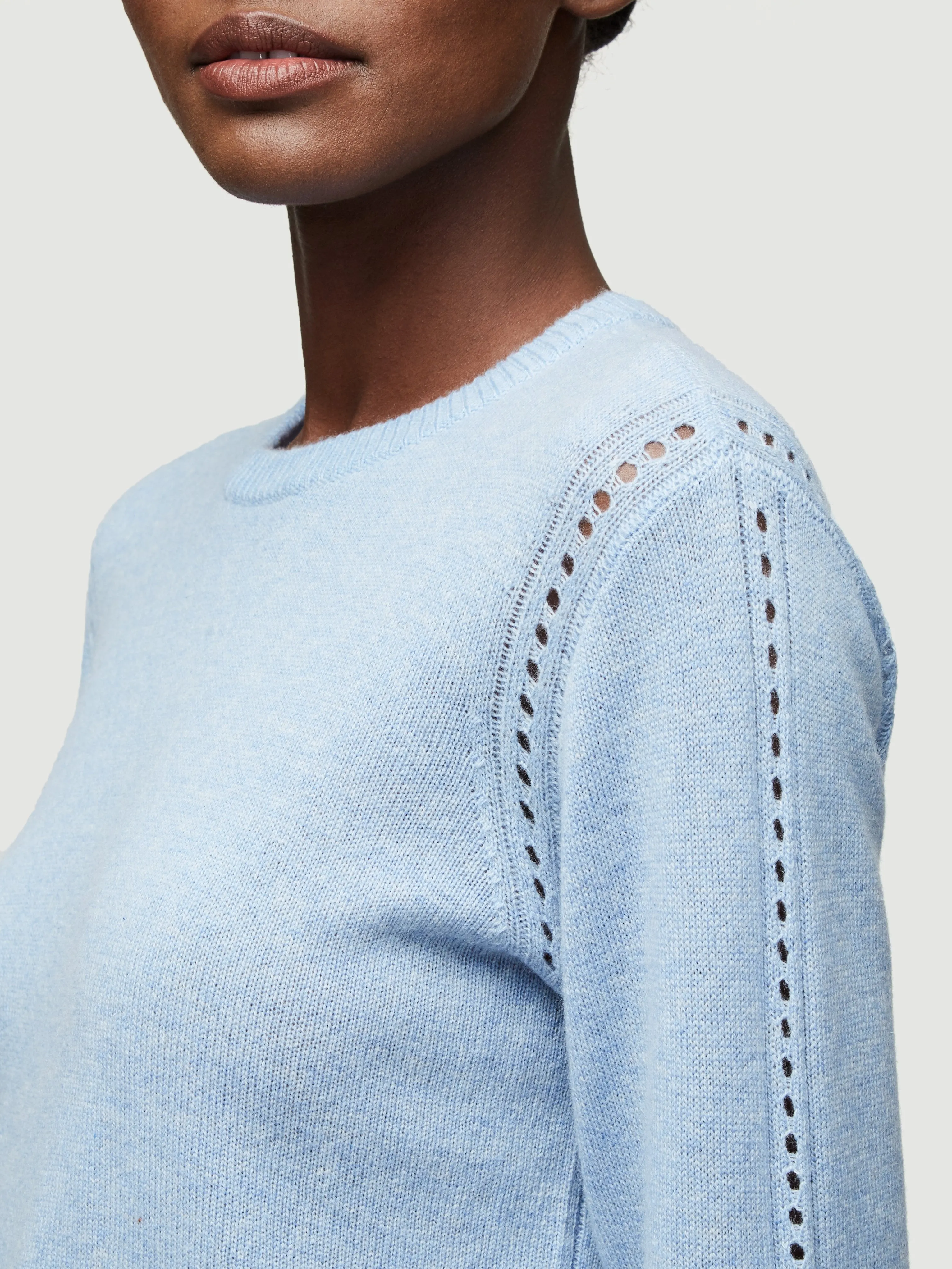 Sustainable Cashmere Pointelle Crew Neck Sweater -- Powder Heather