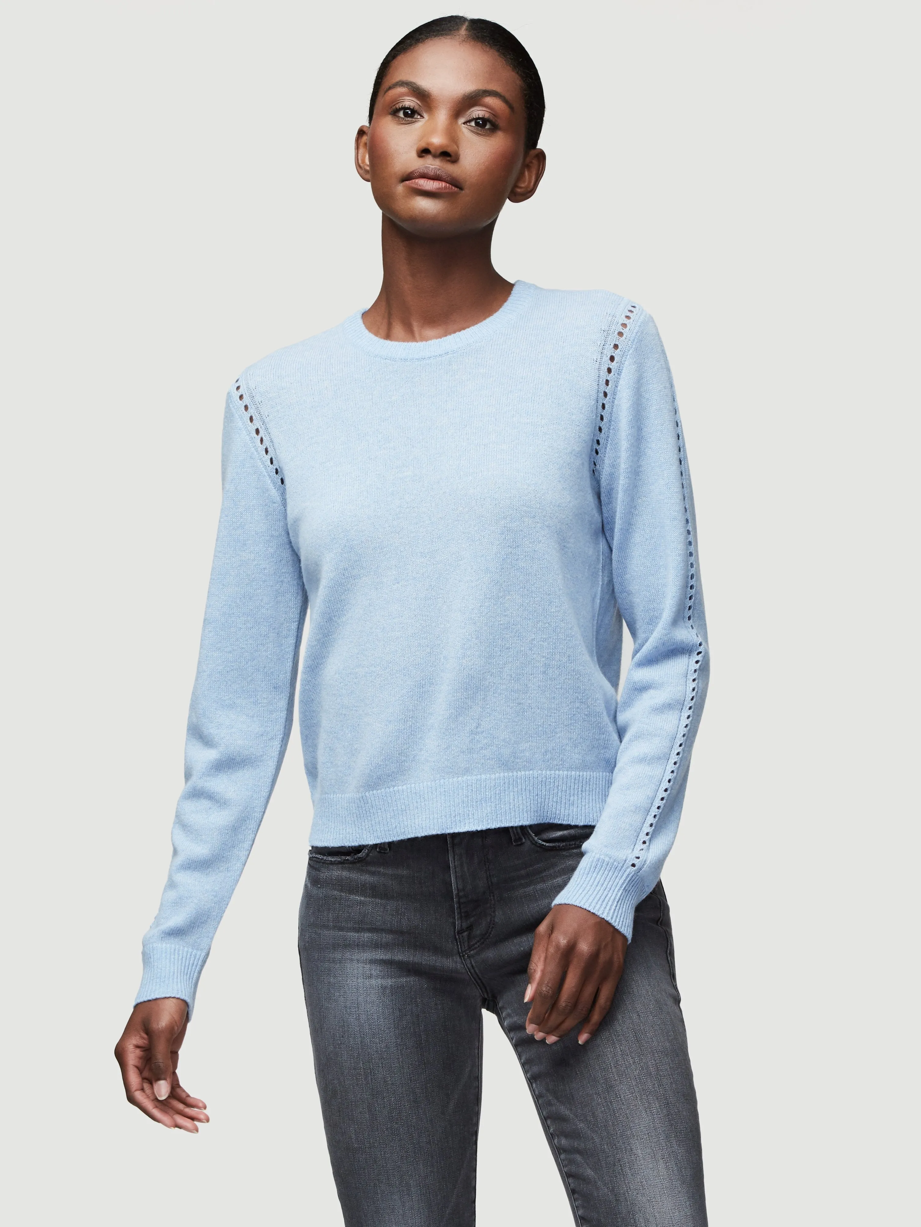 Sustainable Cashmere Pointelle Crew Neck Sweater -- Powder Heather