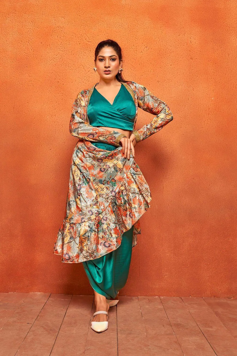 Teal Green Leaf Print Dhoti Skirt Long Flaired Shrug Co-ord Set