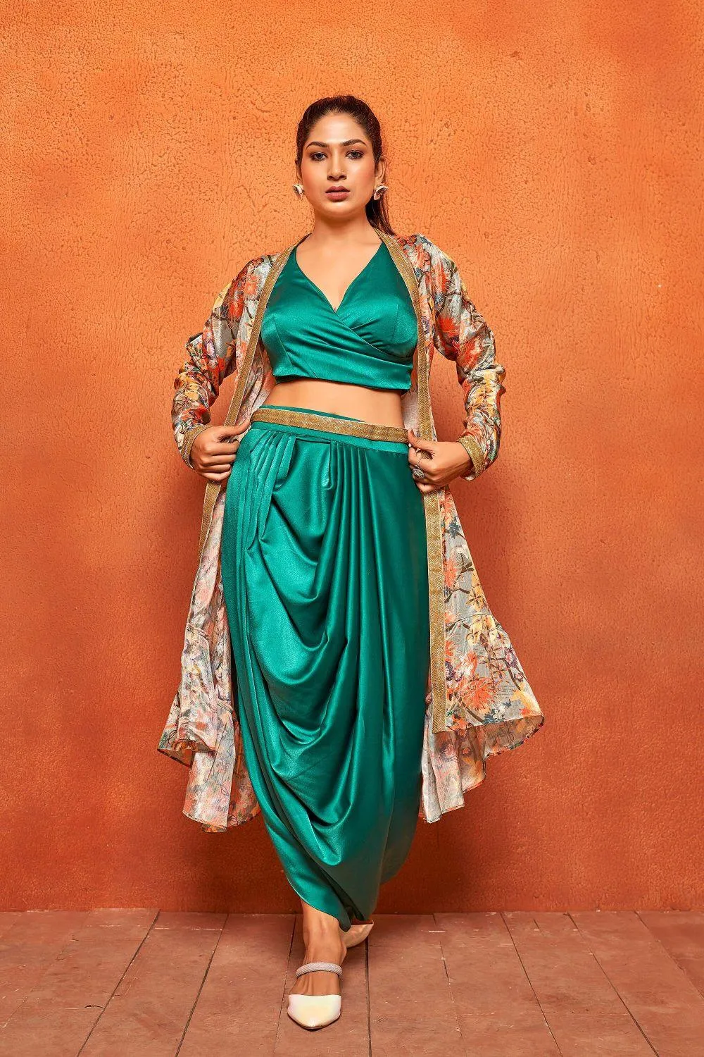 Teal Green Leaf Print Dhoti Skirt Long Flaired Shrug Co-ord Set