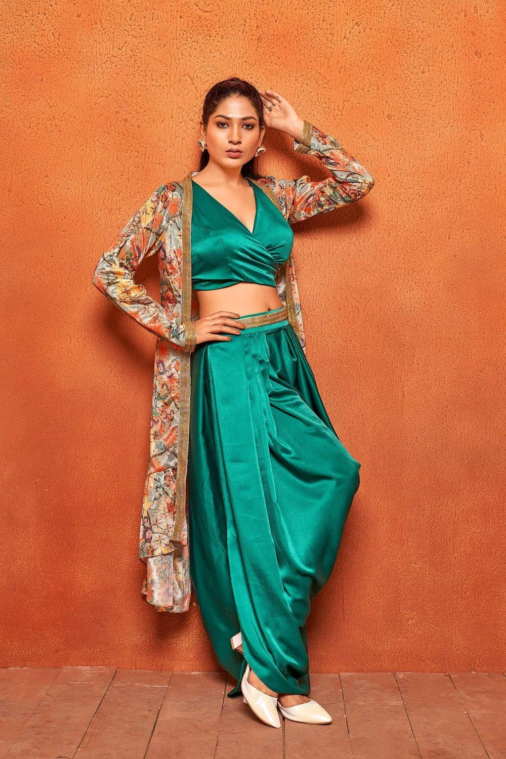 Teal Green Leaf Print Dhoti Skirt Long Flaired Shrug Co-ord Set