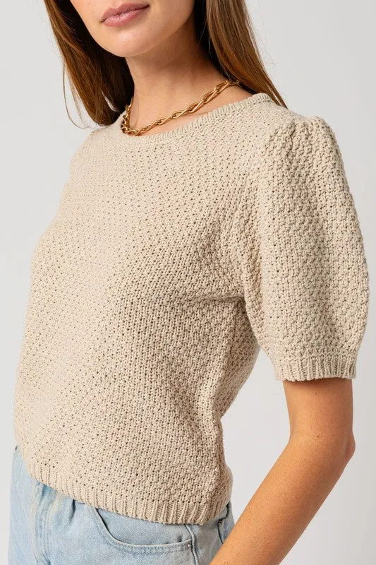 TEEK - Oatmeal Puff Sleeve Round Neck Textured Sweater Top