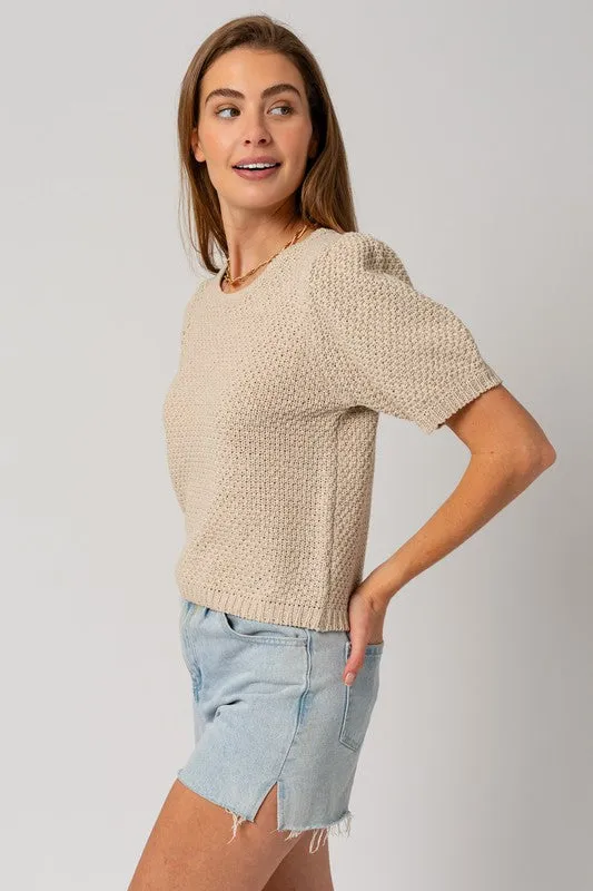 TEEK - Oatmeal Puff Sleeve Round Neck Textured Sweater Top